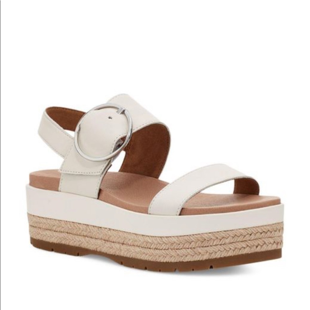 UGG Sandal April Leather Espadrille Platform Flatform White Tan Womens 9.5